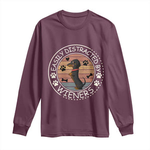 Easily Distracted By Wieners Long Sleeve Shirt Dachshund Dog Lover Retro Sunset TS12 Maroon Print Your Wear