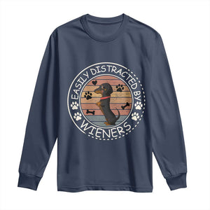 Easily Distracted By Wieners Long Sleeve Shirt Dachshund Dog Lover Retro Sunset TS12 Navy Print Your Wear