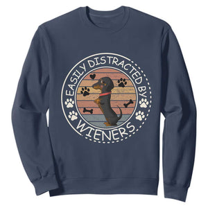 Easily Distracted By Wieners Sweatshirt Dachshund Dog Lover Retro Sunset TS12 Navy Print Your Wear