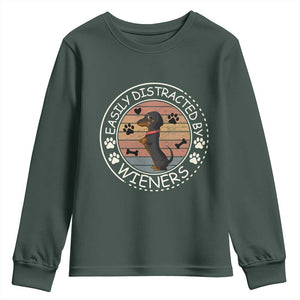 Easily Distracted By Wieners Youth Sweatshirt Dachshund Dog Lover Retro Sunset TS12 Dark Forest Green Print Your Wear