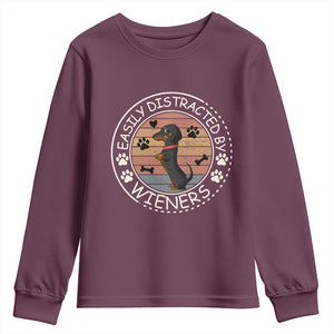 Easily Distracted By Wieners Youth Sweatshirt Dachshund Dog Lover Retro Sunset TS12 Maroon Print Your Wear
