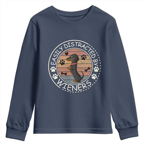 Easily Distracted By Wieners Youth Sweatshirt Dachshund Dog Lover Retro Sunset TS12 Navy Print Your Wear