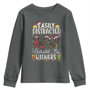 Christmas Dachshund Youth Sweatshirt Funny Easily Distracted By Wieners TS12 Dark Heather Print Your Wear