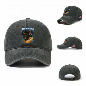 Dog Meme Washed Cotton Baseball Cap Funny Dachshund Dog In A Hot Dog Costume TS12 Washed Cap Universal Fit Dark Green Print Your Wear