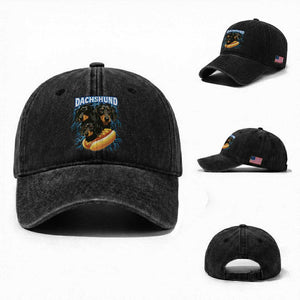 Dog Meme Washed Cotton Baseball Cap Funny Dachshund Dog In A Hot Dog Costume TS12 Washed Cap Universal Fit Black Print Your Wear