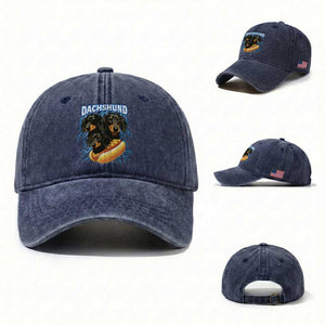 Dog Meme Washed Cotton Baseball Cap Funny Dachshund Dog In A Hot Dog Costume TS12 Washed Cap Universal Fit Navy Print Your Wear