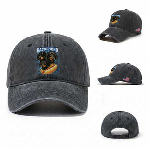 Dog Meme Washed Cotton Baseball Cap Funny Dachshund Dog In A Hot Dog Costume TS12 Washed Cap Universal Fit Dark Gray Print Your Wear