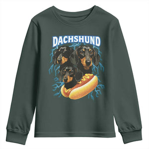 Dog Meme Youth Sweatshirt Funny Dachshund Dog In A Hot Dog Costume TS12 Dark Forest Green Print Your Wear