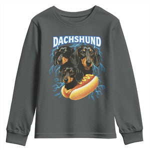 Dog Meme Youth Sweatshirt Funny Dachshund Dog In A Hot Dog Costume TS12 Dark Heather Print Your Wear