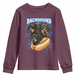 Dog Meme Youth Sweatshirt Funny Dachshund Dog In A Hot Dog Costume TS12 Maroon Print Your Wear