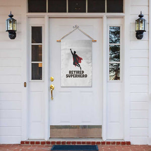 Retired Superhero Retirement Gift Garden Flag Flying Red Cape Silhouette Graphic