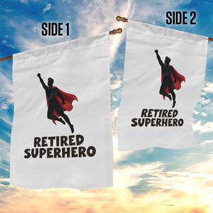 Retired Superhero Retirement Gift Garden Flag Flying Red Cape Silhouette Graphic