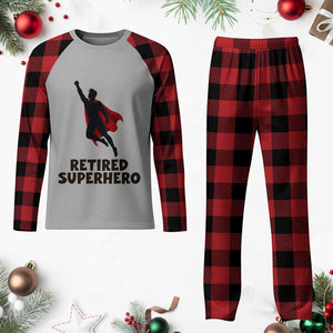 Retired Superhero Retirement Gift Plaid Pajama Set Flying Red Cape Silhouette Graphic