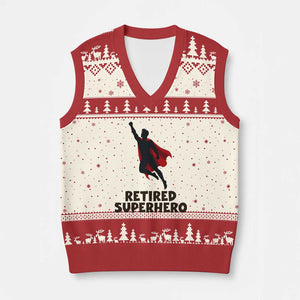 Retired Superhero Retirement Gift V-Neck Knit Sweater Vest Flying Red Cape Silhouette Graphic