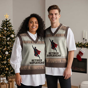 Retired Superhero Retirement Gift V-Neck Knit Sweater Vest Flying Red Cape Silhouette Graphic