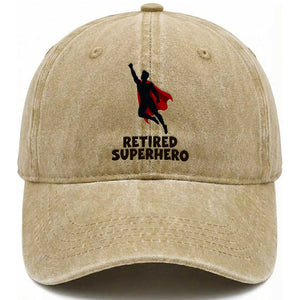 Retired Superhero Retirement Gift Washed Cotton Baseball Cap Flying Red Cape Silhouette Graphic