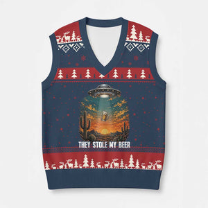 They Stole My Beer V-Neck Knit Sweater Vest Funny UFO Abducting Beer Mug Vintage Western Gift