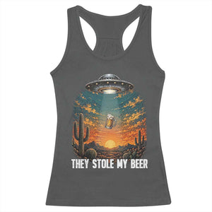They Stole My Beer Racerback Tank Top Funny UFO Abducting Beer Mug Vintage Western Gift