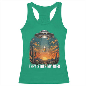 They Stole My Beer Racerback Tank Top Funny UFO Abducting Beer Mug Vintage Western Gift