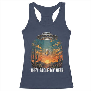 They Stole My Beer Racerback Tank Top Funny UFO Abducting Beer Mug Vintage Western Gift