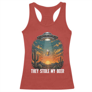 They Stole My Beer Racerback Tank Top Funny UFO Abducting Beer Mug Vintage Western Gift