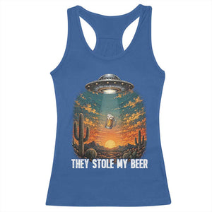 They Stole My Beer Racerback Tank Top Funny UFO Abducting Beer Mug Vintage Western Gift
