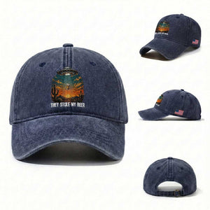 They Stole My Beer Washed Cotton Baseball Cap Funny UFO Abducting Beer Mug Vintage Western Gift