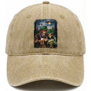 Funny Bigfoot Alien Oktoberfest Washed Cotton Baseball Cap Selfie Beer Party German Lederhosen UFO Gift