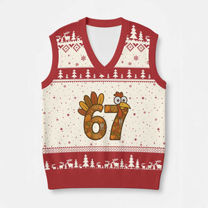 Six And Seven Meme Turkey V-Neck Knit Sweater Vest Funny Thanksgiving Gift TS12 Beige Red Print Your Wear