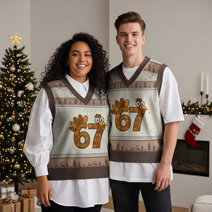 Six And Seven Meme Turkey V-Neck Knit Sweater Vest Funny Thanksgiving Gift TS12 Mocha Mousse Print Your Wear