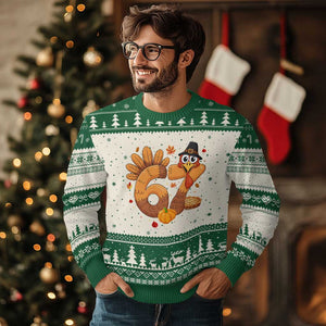 Funny Turkey Six And Seven Meme Ugly Christmas Sweater Thanksgiving Gift TS12 Beige Green Print Your Wear