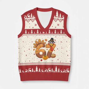 Funny Turkey Six And Seven Meme V-Neck Knit Sweater Vest Thanksgiving Gift TS12 Beige Red Print Your Wear