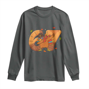 Thanksgiving Turkey Dabbing Long Sleeve Shirt Six Seven Meme Trending Gift TS12 Dark Heather Print Your Wear