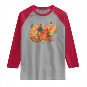 Thanksgiving Turkey Dabbing Raglan Shirt Six Seven Meme Trending Gift TS12 Sport Gray Red Print Your Wear