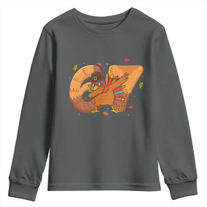 Thanksgiving Turkey Dabbing Youth Sweatshirt Six Seven Meme Trending Gift TS12 Dark Heather Print Your Wear