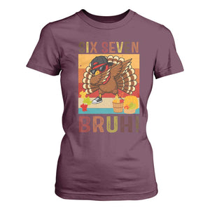 Six Seven Meme Turkey Dabbing T Shirt For Women Funny Thanksgiving Gift TS12 Maroon Print Your Wear