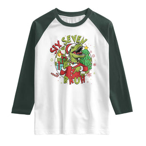 Funny Christmas Dinosaur Lover Gift Raglan Shirt Trending Six Seven Bruh TS12 White Dark Forest Green Print Your Wear