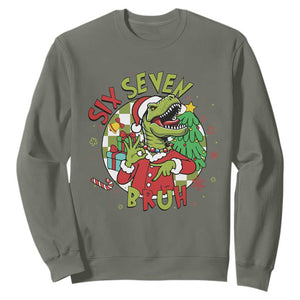 Funny Christmas Dinosaur Lover Gift Sweatshirt Trending Six Seven Bruh TS12 Military Green Print Your Wear