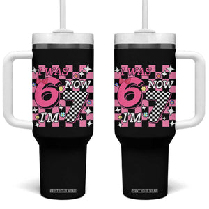 Pink Checkered I Was 6 Now I Am 7 Tumbler With Handle Girl Birthday Gift TS12 One Size: 40 oz Black Print Your Wear
