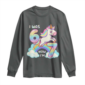 Funny Unicorn I Was 6 Now I Am 7 Long Sleeve Shirt Girl Seventh Birthday Gift TS12 Dark Heather Print Your Wear