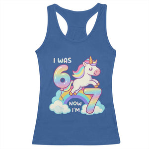 Funny Unicorn I Was 6 Now I Am 7 Racerback Tank Top Girl Seventh Birthday Gift TS12 Royal Blue Print Your Wear