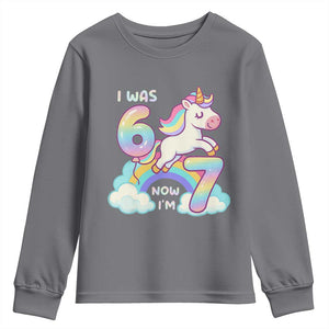 Funny Unicorn I Was 6 Now I Am 7 Youth Sweatshirt Girl Seventh Birthday Gift TS12 Charcoal Print Your Wear