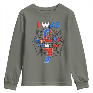 I Was 6 Now I Am 7 Youth Sweatshirt Spider Themed Birthday Boy TS12 Military Green Print Your Wear