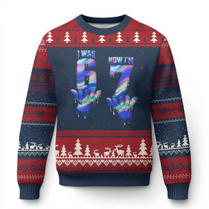 Funny I Was 6 Now I Am 7 Ugly Christmas Sweater Iridescent Effect Printed Kids Birthday TS12 Navy Red Print Your Wear