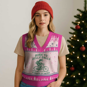 Born To Dilly Dally Forced To Work V-Neck Knit Sweater Vest Funny Frog Meme TS12 Hot Pink Print Your Wear