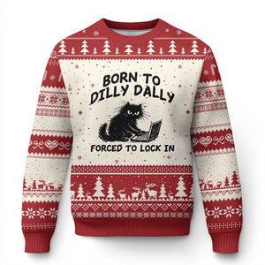 Funny Black Cat Ugly Christmas Sweater Born To Dilly Dally Forced To Lock In TS12 Beige Red Print Your Wear