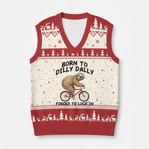 Funny Sloth Lover V-Neck Knit Sweater Vest Born To Dilly Dally Forced To Lock In TS12 Beige Red Print Your Wear