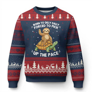 Funny Sloth Riding Turtle Ugly Christmas Sweater Born To Dilly Dally Forced To Pick Up The Pace TS12 Navy Red Print Your Wear