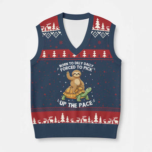 Funny Sloth Riding Turtle V-Neck Knit Sweater Vest Born To Dilly Dally Forced To Pick Up The Pace TS12 Navy Red Print Your Wear