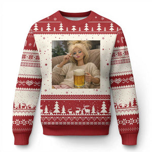 Funny Smoking And Drinking Doll Meme Ugly Christmas Sweater Weekend Relaxation TS12 Beige Red Print Your Wear